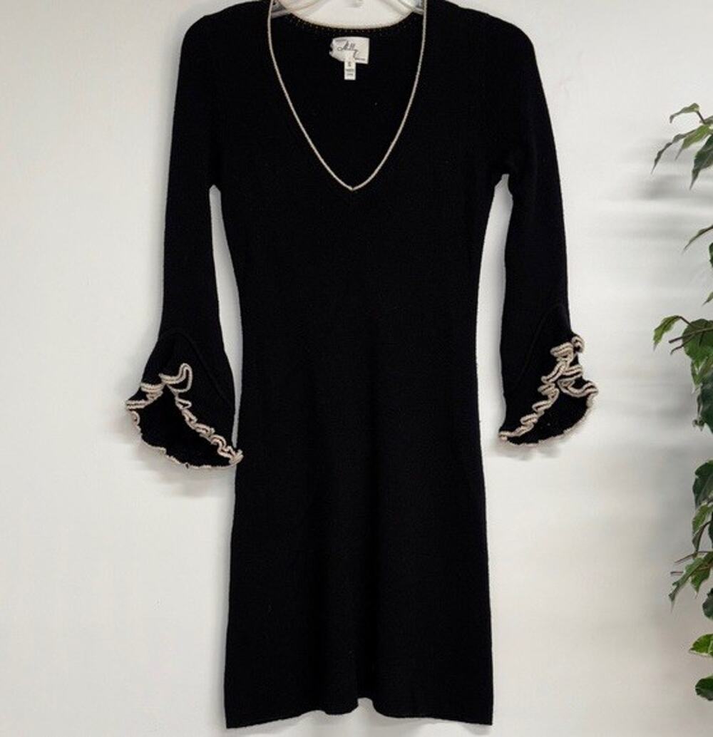 Milly Black Wool Ruffle Flutter Bell Sleeve Sweater Dress